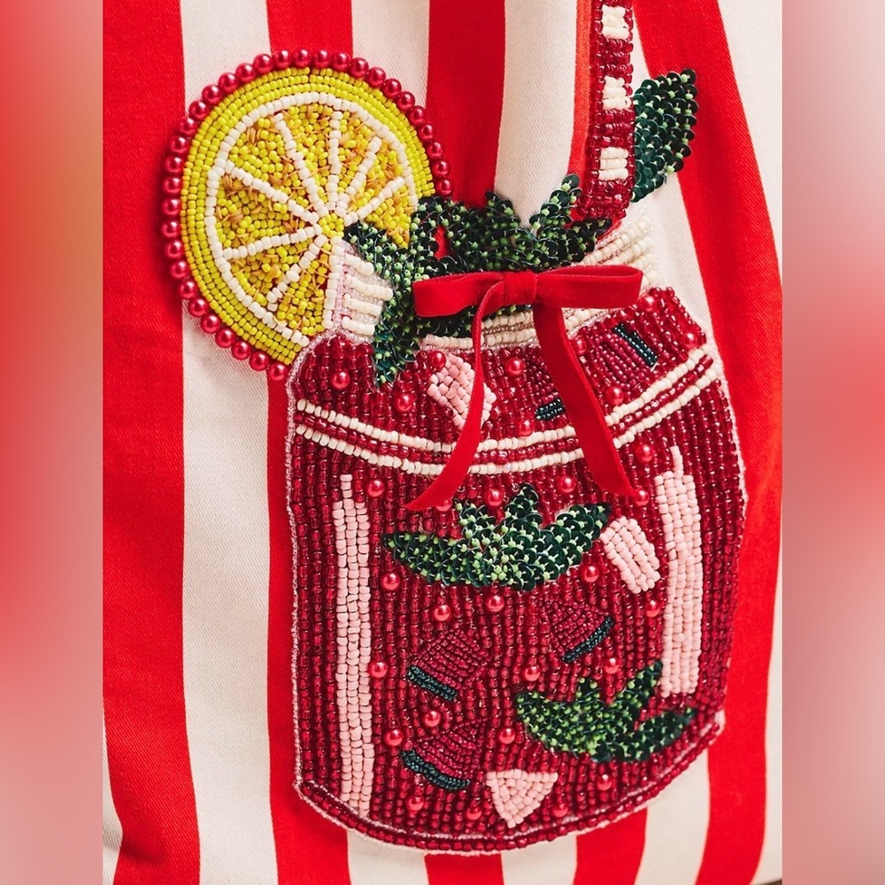 Anthropologie Red White Printed Beaded Canvas Tote Bag - Picture 2 of 4